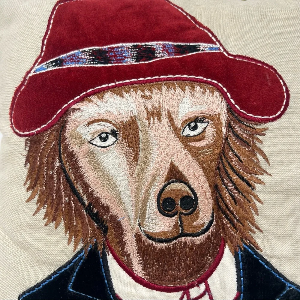 Pier 1 Embroidered Dapper Dog Accent Pillow Whimsical Fun Red Hat Velvet Jacket